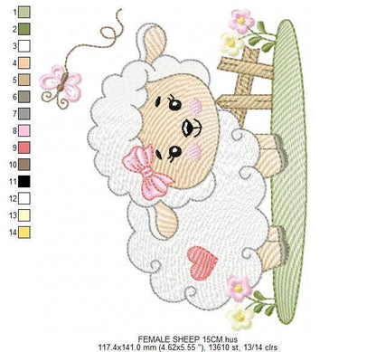 Female Sheep with bow embroidery design - Lamb with butterfly machine embroidery pattern - Newborn baby girl file - Instant download pes jef