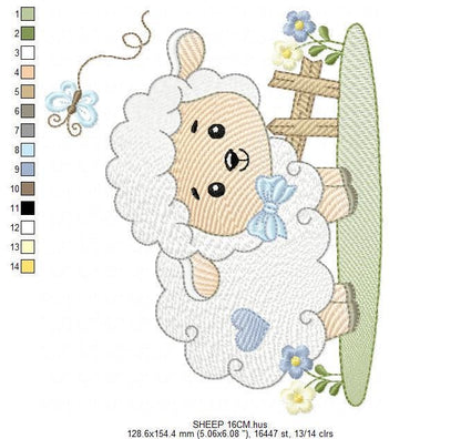 Male Sheep embroidery design - Lamb with butterfly machine embroidery pattern - Newborn Baby boy file - Instant download pes jef dst vp3 xxx