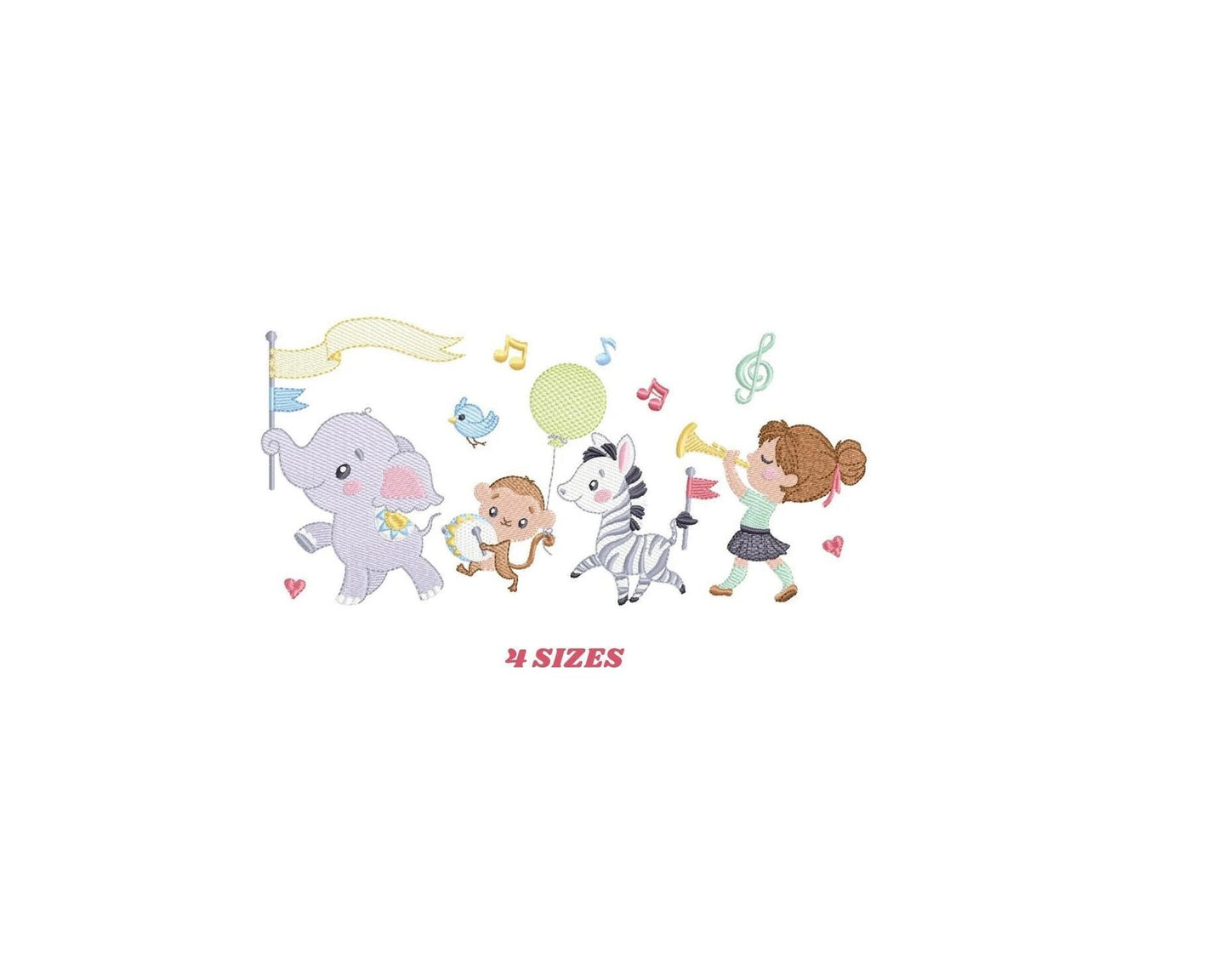 Animal musical band embroidery designs - Musical animals machine embroidery pattern - Elephant Zebra Monkey Bird file - Instant download