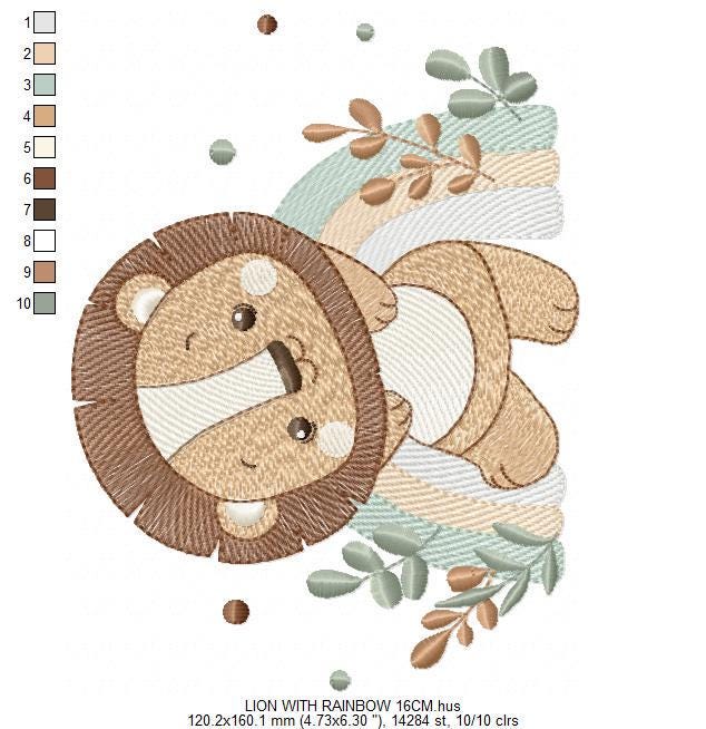 Lion with rainbow embroidery designs - Safari animal machine embroidery pattern - Newborn Baby boy file - Instant download pes jef dst vp3