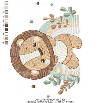 Lion with rainbow embroidery designs - Safari animal machine embroidery pattern - Newborn Baby boy file - Instant download pes jef dst vp3