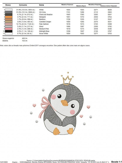 Penguin with crown embroidery design - Bird water cold animal with lace machine embroidery pattern - Baby girl file - Instant download pes