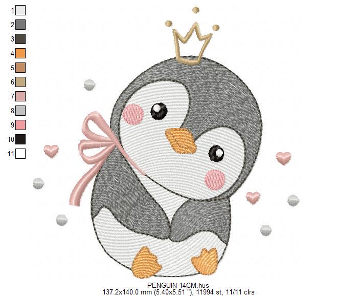 Penguin with crown embroidery design - Bird water cold animal with lace machine embroidery pattern - Baby girl file - Instant download pes