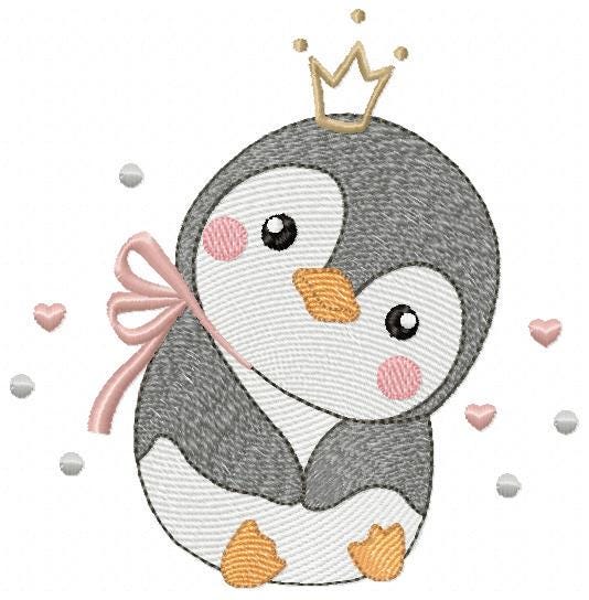 Penguin with crown embroidery design - Bird water cold animal with lace machine embroidery pattern - Baby girl file - Instant download pes