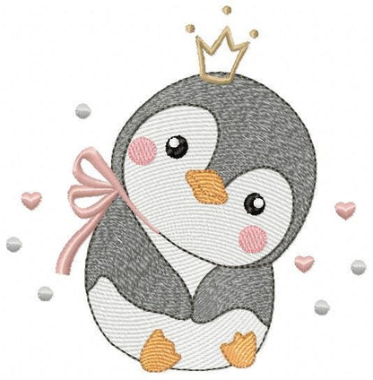 Penguin with crown embroidery design - Bird water cold animal with lace machine embroidery pattern - Baby girl file - Instant download pes