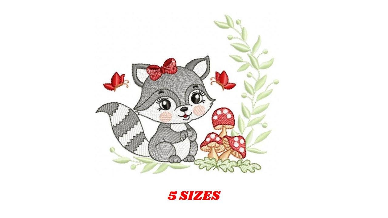 Female Raccoon with mushrooms embroidery designs - Woodland animal machine embroidery pattern - Baby girl embroidery - Instant download pes