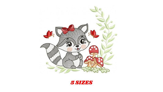 Female Raccoon with mushrooms embroidery designs - Woodland animal machine embroidery pattern - Baby girl embroidery - Instant download pes