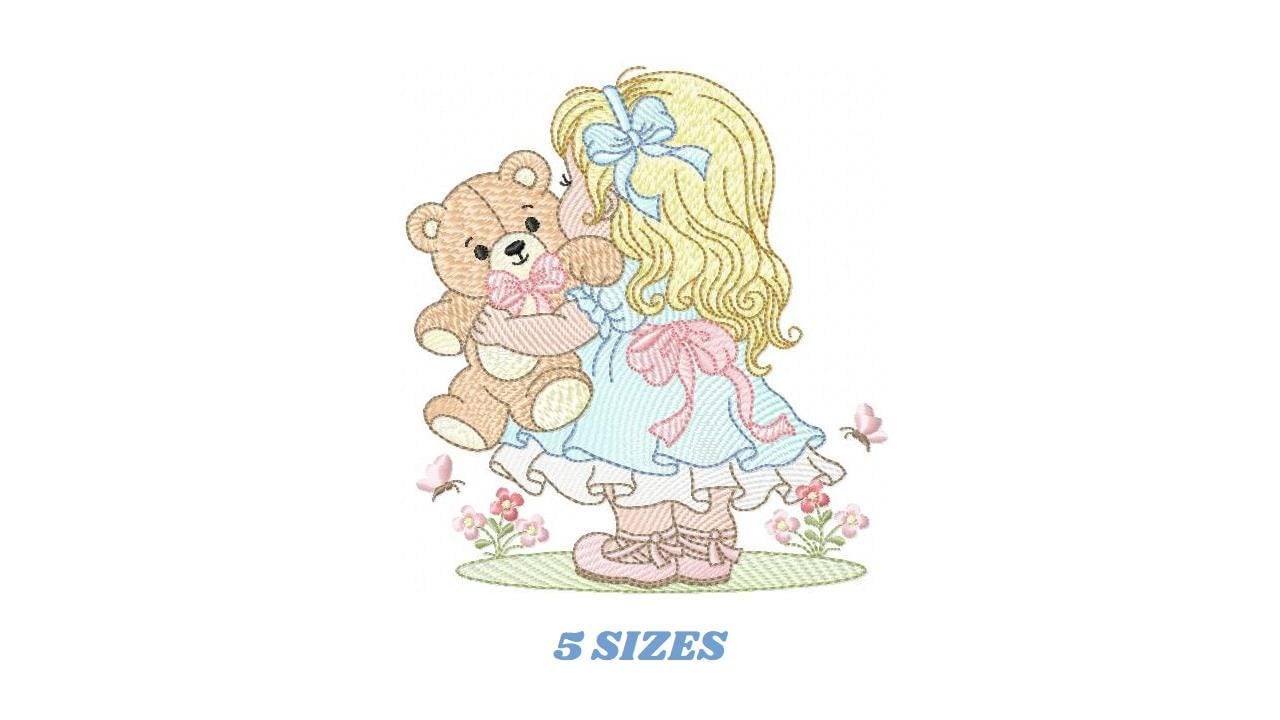Young Vintage Girl with dress embroidery designs - Baby Girl with lace and teddy bear machine embroidery pattern - Instant download pes jef