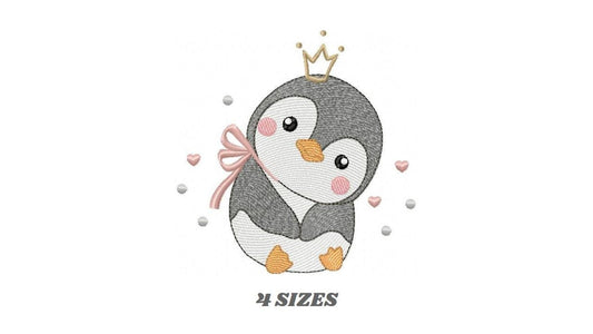 Penguin with crown embroidery design - Bird water cold animal with lace machine embroidery pattern - Baby girl file - Instant download pes