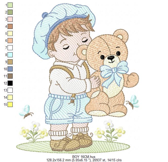 Vintage Baby boy embroidery design - Boy with cap and Teddy bear machine embroidery pattern - Children toddler kid - Instant download pes