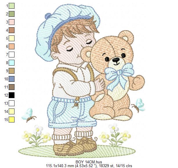 Vintage Baby boy embroidery design - Boy with cap and Teddy bear machine embroidery pattern - Children toddler kid - Instant download pes