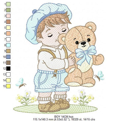 Vintage Baby boy embroidery design - Boy with cap and Teddy bear machine embroidery pattern - Children toddler kid - Instant download pes