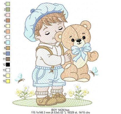 Vintage Baby boy embroidery design - Boy with cap and Teddy bear machine embroidery pattern - Children toddler kid - Instant download pes