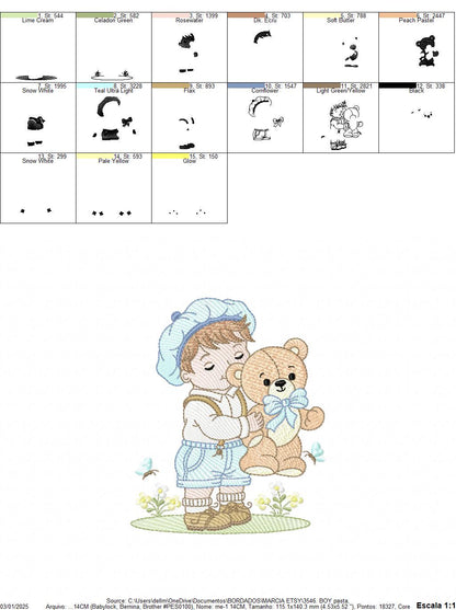Vintage Baby boy embroidery design - Boy with cap and Teddy bear machine embroidery pattern - Children toddler kid - Instant download pes