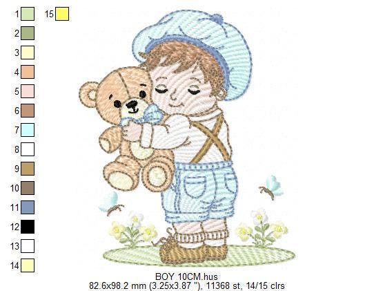 Boy embroidery design - Child with cap and teddy bear machine embroidery pattern - Children toddler with vintage clothes - Instant download