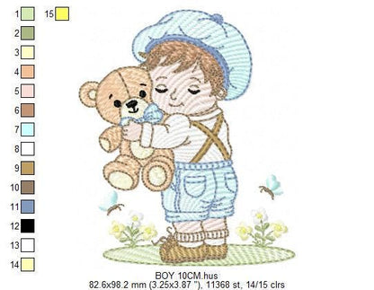 Boy embroidery design - Child with cap and teddy bear machine embroidery pattern - Children toddler with vintage clothes - Instant download
