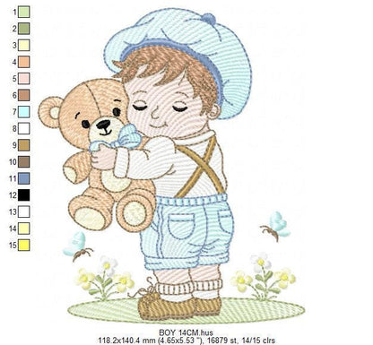 Boy embroidery design - Child with cap and teddy bear machine embroidery pattern - Children toddler with vintage clothes - Instant download