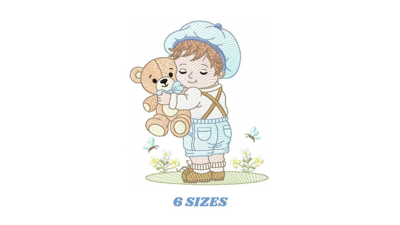 Boy embroidery design - Child with cap and teddy bear machine embroidery pattern - Children toddler with vintage clothes - Instant download