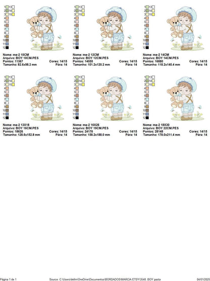 Boy embroidery design - Child with cap and teddy bear machine embroidery pattern - Children toddler with vintage clothes - Instant download