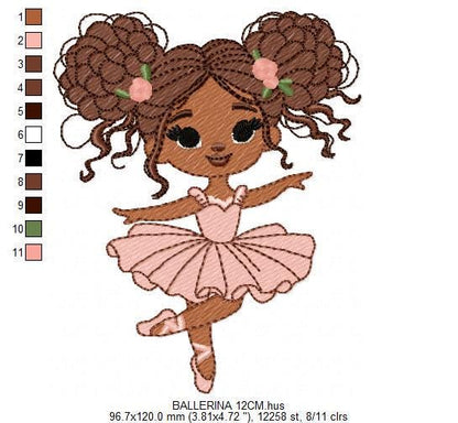 Ballerina embroidery designs - Ballet dancer with curly black hair machine embroidery pattern - Long Curly hair Girl - instant download pes