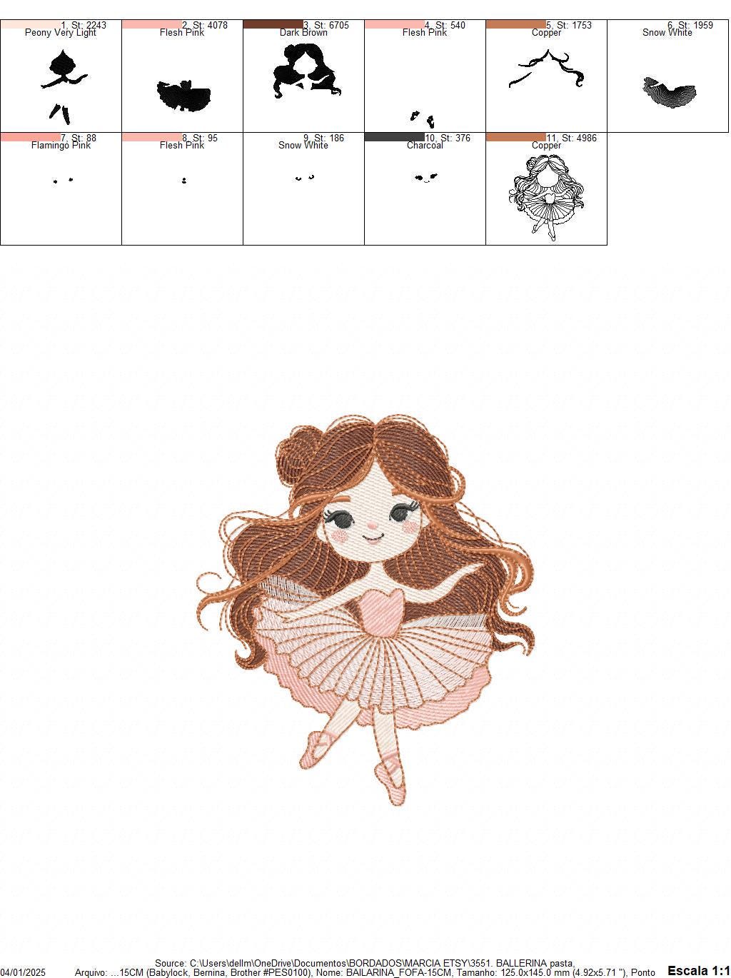 Ballerina embroidery designs - Ballet dancer with long hair machine embroidery pattern - Baby girl file - Instant download pes jef hus dst