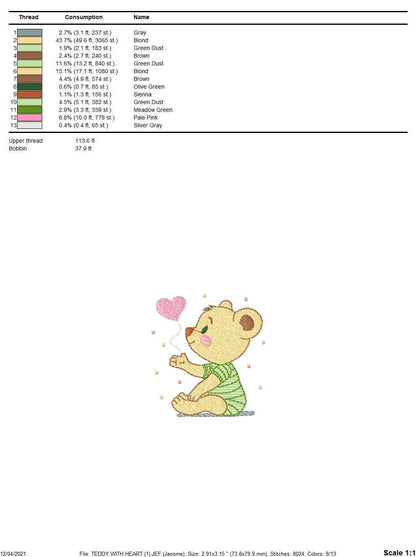 Bear embroidery designs - Teddy Bear with heart machine embroidery pattern - Baby boy file - Instant digital download pes jef dst hus vp3