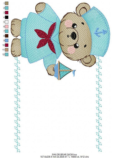 Sailor Teddy Bear embroidery designs - Baby boy Nautical Bear machine embroidery pattern - Bear with boat frame file - Instant download pes