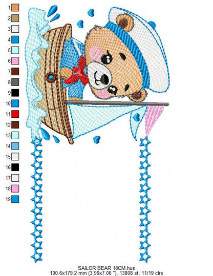 Nautical Bear with boat frame embroidery designs - Sailor Teddy bear machine embroidery pattern - Baby boy file - Instant download pes jef