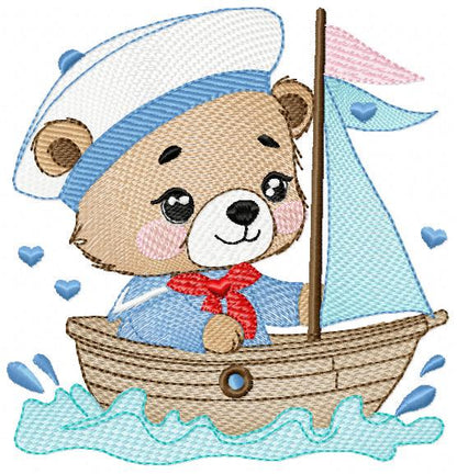 Nautical Teddy Bear embroidery designs - Baby boy Sailor bear with boat machine embroidery pattern - Boat embroidery file - Instant download