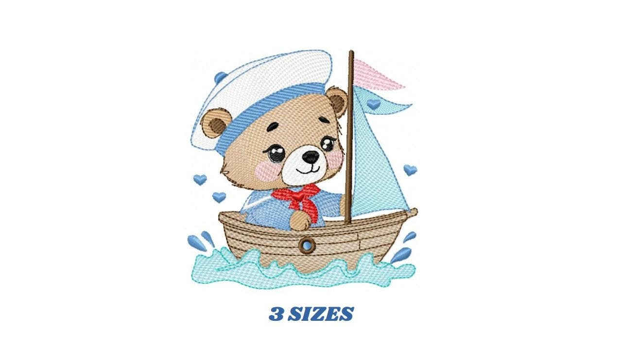 Nautical Teddy Bear embroidery designs - Baby boy Sailor bear with boat machine embroidery pattern - Boat embroidery file - Instant download