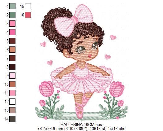 Ballerina embroidery designs - Ballet dancer with curly black hair machine embroidery pattern - Long Curly Hair Girl - Instant download pes