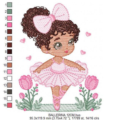 Ballerina embroidery designs - Ballet dancer with curly black hair machine embroidery pattern - Long Curly Hair Girl - Instant download pes