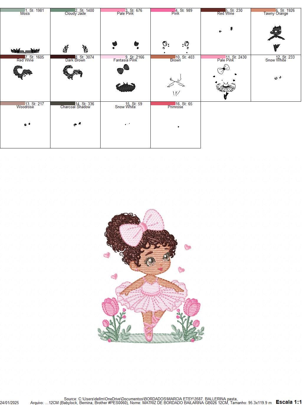 Ballerina embroidery designs - Ballet dancer with curly black hair machine embroidery pattern - Long Curly Hair Girl - Instant download pes