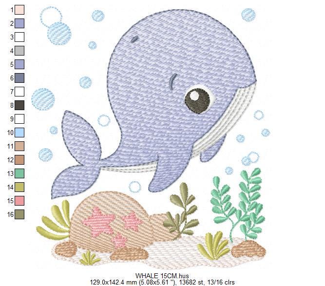 Whale embroidery designs - Fish Ocean Sea machine pattern - Whale stars shells algae bubbles - Instant digital download pes jef dst hus vp3