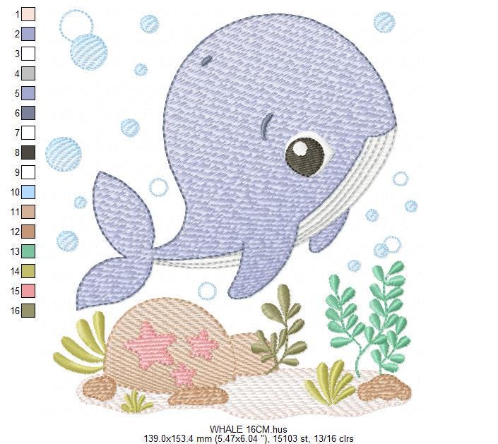 Whale embroidery designs - Fish Ocean Sea machine pattern - Whale stars shells algae bubbles - Instant digital download pes jef dst hus vp3