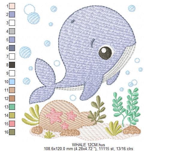 Whale embroidery designs - Fish Ocean Sea machine pattern - Whale stars shells algae bubbles - Instant digital download pes jef dst hus vp3