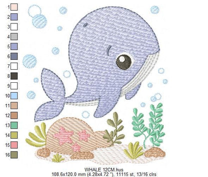 Whale embroidery designs - Fish Ocean Sea machine pattern - Whale stars shells algae bubbles - Instant digital download pes jef dst hus vp3