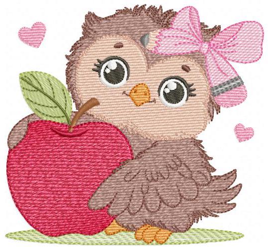 Owl with apple embroidery design - Baby Girl Bird with lace machine embroidery pattern - School Teacher file - Owl with - Instant download