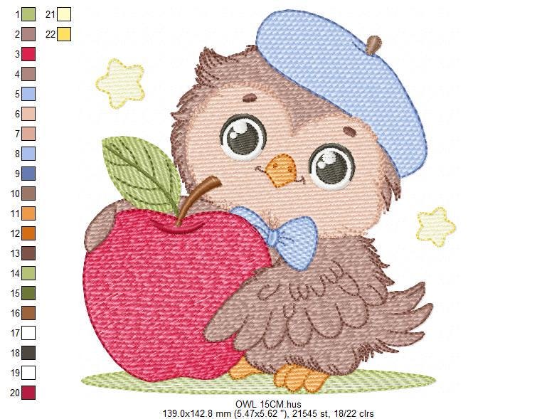 Owl with apple embroidery design - Baby Boy Bird with cap machine embroidery pattern - School Teacher file - Owl with - Instant download