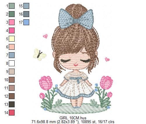 Girl embroidery designs - Baby girl with lace and flowers machine embroidery pattern - Girl with long hair - Instant download pes jef dst