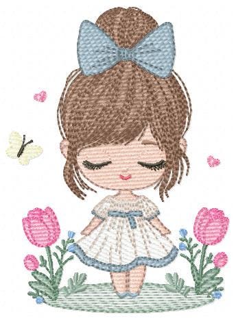 Girl embroidery designs - Baby girl with lace and flowers machine embroidery pattern - Girl with long hair - Instant download pes jef dst