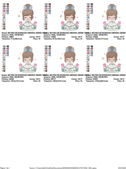 Girl embroidery designs - Baby girl with lace and flowers machine embroidery pattern - Girl with long hair - Instant download pes jef dst