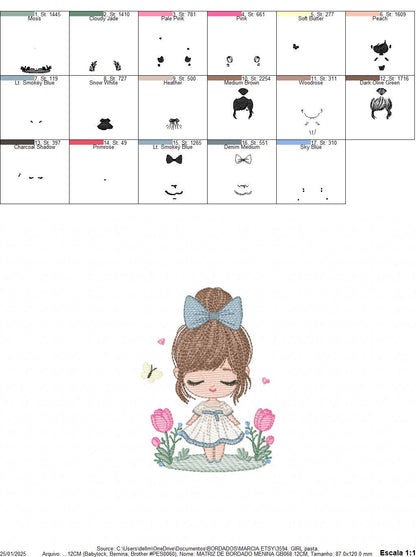 Girl embroidery designs - Baby girl with lace and flowers machine embroidery pattern - Girl with long hair - Instant download pes jef dst
