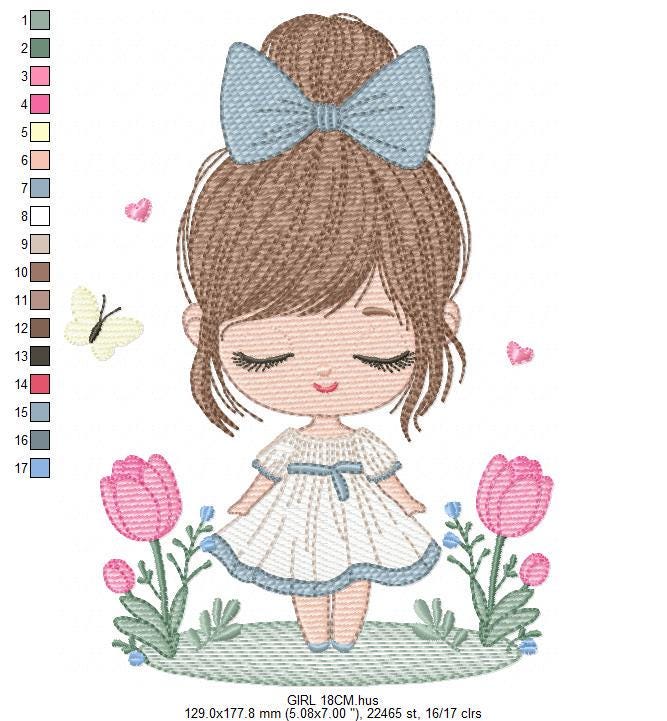 Girl embroidery designs - Baby girl with lace and flowers machine embroidery pattern - Girl with long hair - Instant download pes jef dst