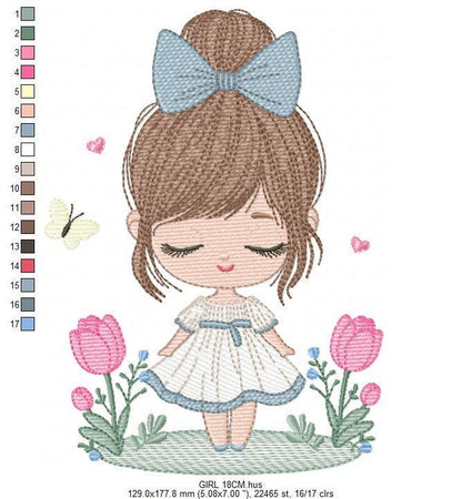 Girl embroidery designs - Baby girl with lace and flowers machine embroidery pattern - Girl with long hair - Instant download pes jef dst