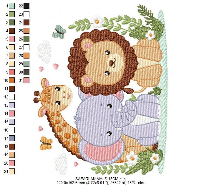 Safari Wild Animal embroidery designs - Giraffe Elephant Lion machine embroidery pattern - Baby boy girl file - Instant digital download pes
