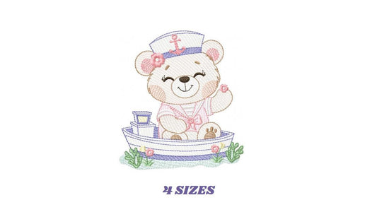 Nautical Teddy Bear embroidery designs - Baby Girl Sailor Bear machine embroidery pattern - Ocean Fishing Boat file - Instant download pes