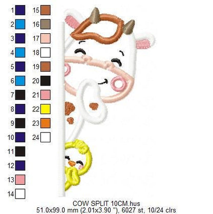 Peek a boo Cow split embroidery design - Farm Ranch Animal machine embroidery pattern - Cow with chick applique design - Instant download