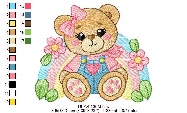Bear with rainbow and flowers embroidery designs - Female Teddy Bear machine embroidery pattern - Baby Girl file - Instant download pes jef