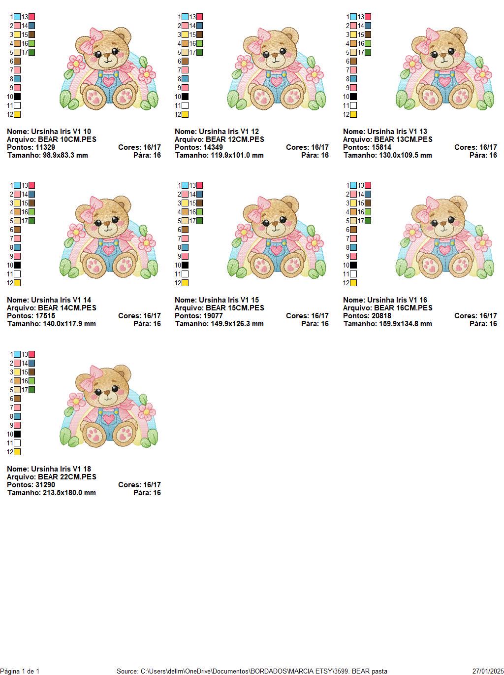 Bear with rainbow and flowers embroidery designs - Female Teddy Bear machine embroidery pattern - Baby Girl file - Instant download pes jef